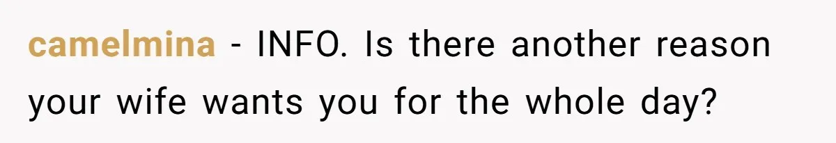 camelmina − INFO. Is there another reason your wife wants you for the whole day?