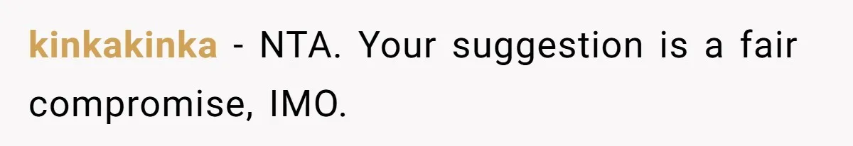 kinkakinka − NTA. Your suggestion is a fair compromise, IMO.