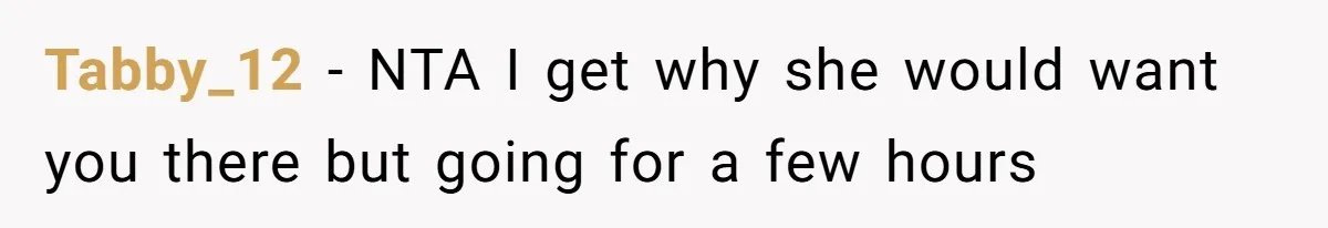 Tabby_12 − NTA I get why she would want you there but going for a few hours