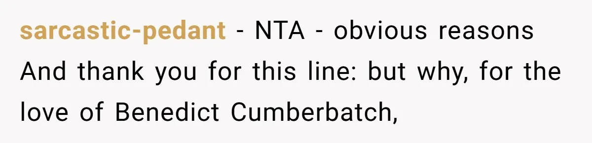 sarcastic-pedant − NTA - obvious reasons And thank you for this line: but why, for the love of Benedict Cumberbatch,