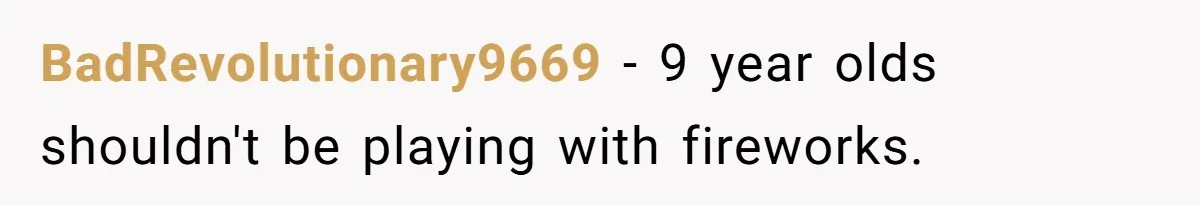 BadRevolutionary9669 − 9 year olds shouldn't be playing with fireworks.