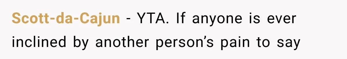 Scott-da-Cajun − YTA. If anyone is ever inclined by another person’s pain to say
