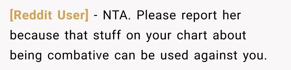 [Reddit User] − NTA. Please report her because that stuff on your chart about being combative can be used against you.