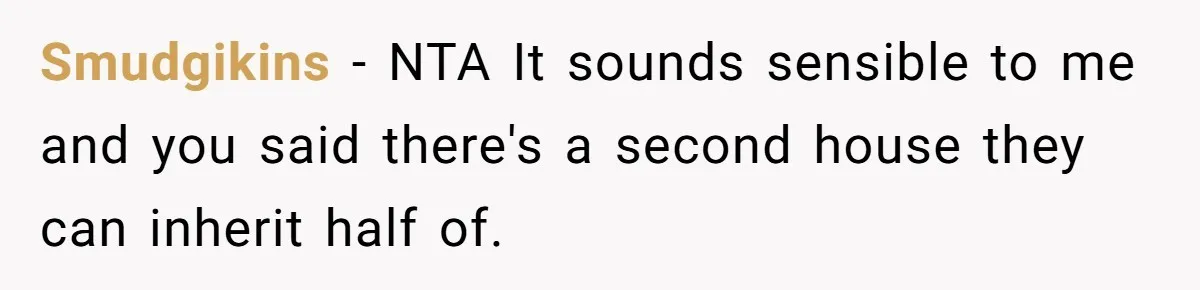 Smudgikins − NTA It sounds sensible to me and you said there's a second house they can inherit half of.