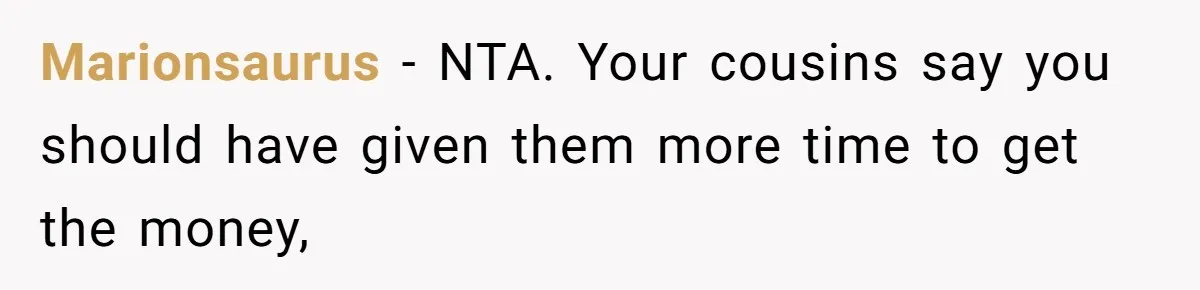 Marionsaurus − NTA. Your cousins say you should have given them more time to get the money,