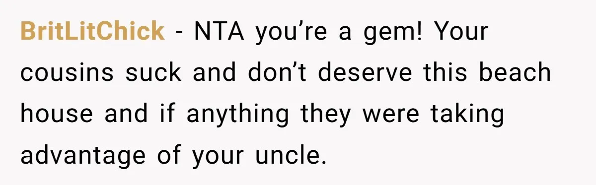 BritLitChick − NTA you’re a gem! Your cousins suck and don’t deserve this beach house and if anything they were taking advantage of your uncle.
