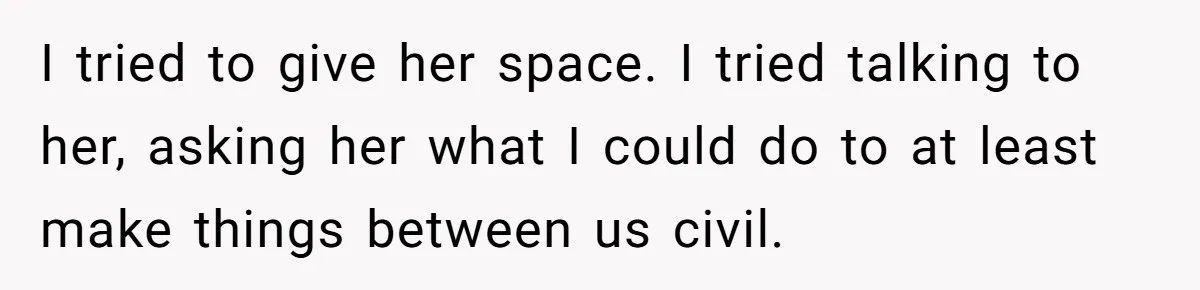 I tried to give her space. I tried talking to her, asking her what I could do to at least make things between us civil.