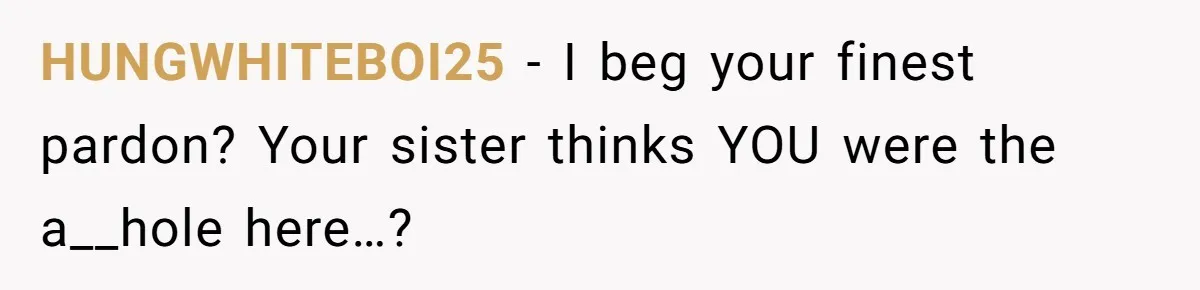 HUNGWHITEBOI25 − I beg your finest pardon? Your sister thinks YOU were the a__hole here…?