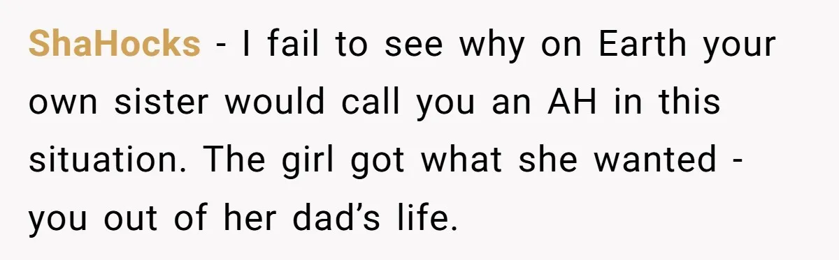 ShaHocks − I fail to see why on Earth your own sister would call you an AH in this situation. The girl got what she wanted - you out of...