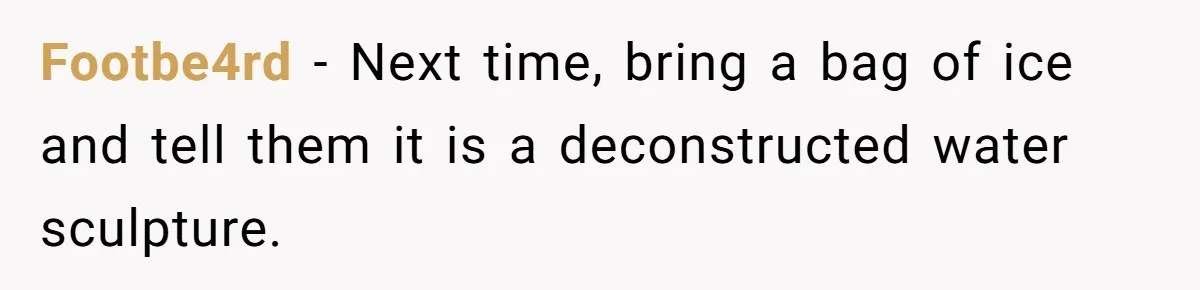 Footbe4rd − Next time, bring a bag of ice and tell them it is a deconstructed water sculpture.