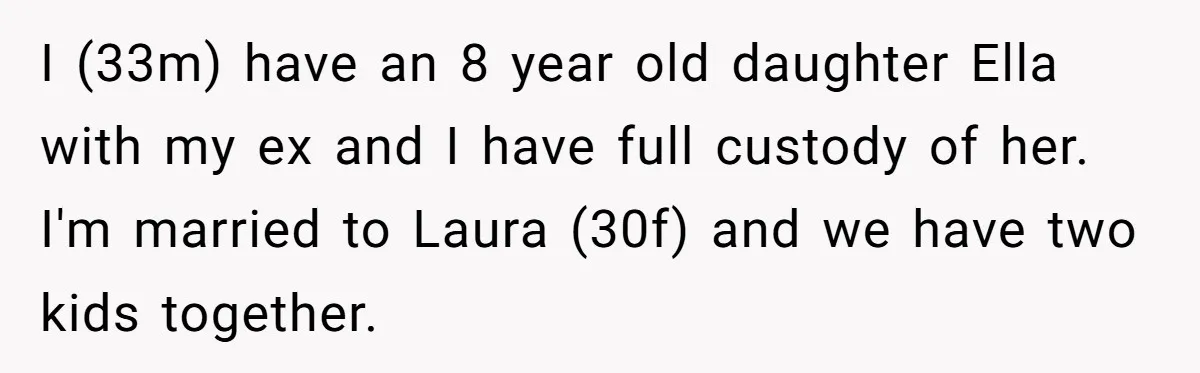 I (33m) have an 8 year old daughter Ella with my ex and I have full custody of her. I'm married to Laura (30f) and we have two kids together.