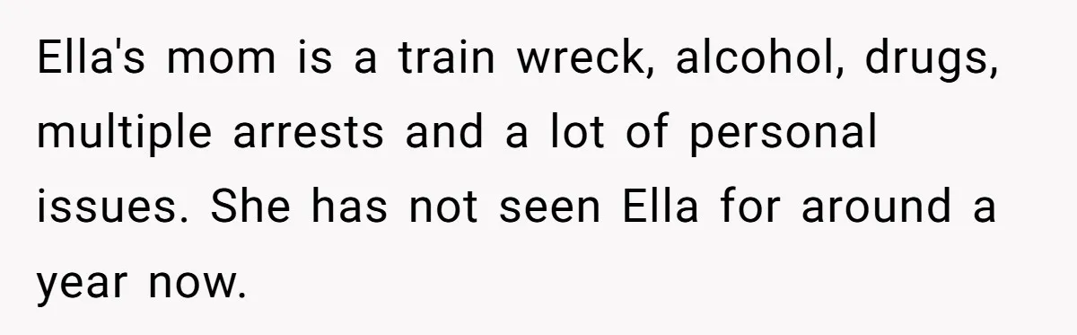 Ella's mom is a train wreck, alcohol, drugs, multiple arrests and a lot of personal issues. She has not seen Ella for around a year now.