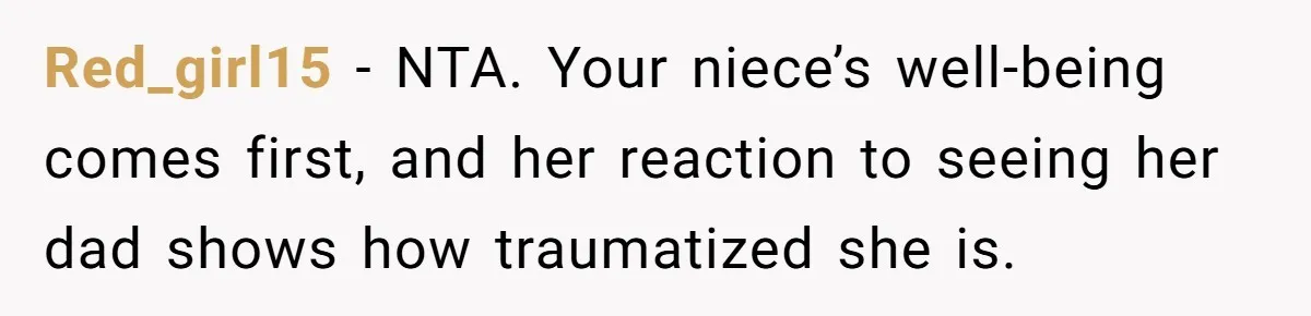 Red_girl15 − NTA. Your niece’s well-being comes first, and her reaction to seeing her dad shows how traumatized she is.