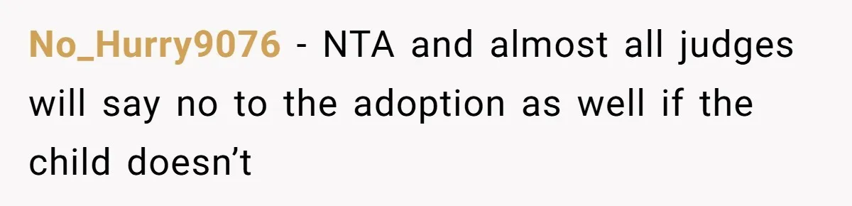 No_Hurry9076 − NTA and almost all judges will say no to the adoption as well if the child doesn’t