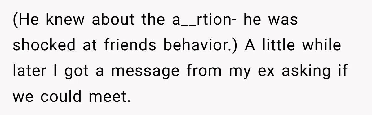 (He knew about the a__rtion- he was shocked at friends behavior.) A little while later I got a message from my ex asking if we could meet.