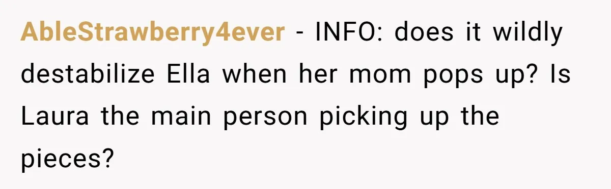 AbleStrawberry4ever − INFO: does it wildly destabilize Ella when her mom pops up? Is Laura the main person picking up the pieces?