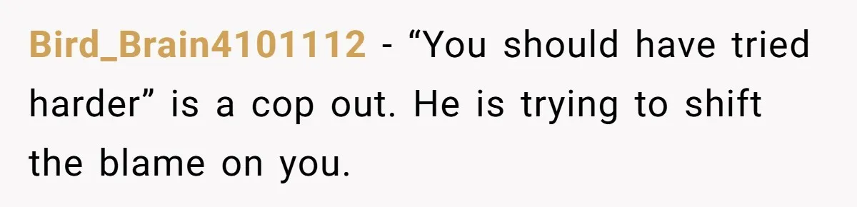Bird_Brain4101112 − “You should have tried harder” is a cop out. He is trying to shift the blame on you.