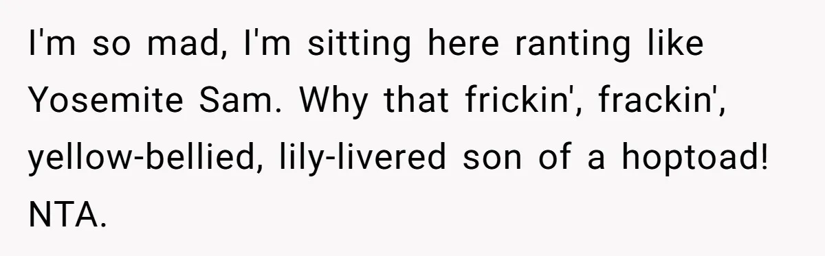 I'm so mad, I'm sitting here ranting like Yosemite Sam. Why that frickin', frackin', yellow-bellied, lily-livered son of a hoptoad! NTA.