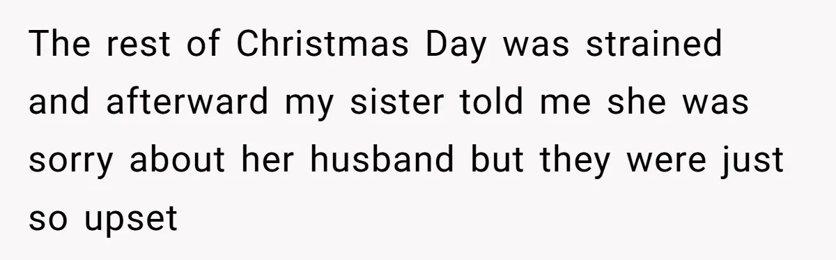 The rest of Christmas Day was strained and afterward my sister told me she was sorry about her husband but they were just so upset
