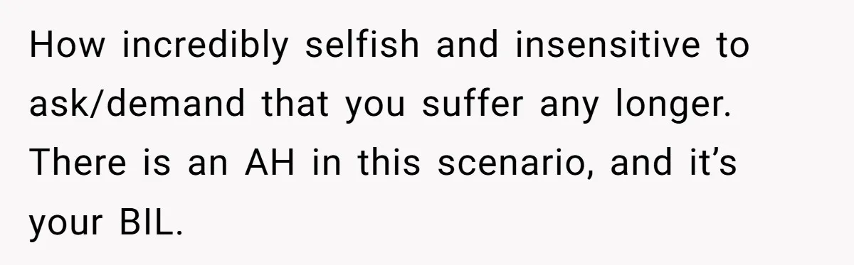 How incredibly selfish and insensitive to ask/demand that you suffer any longer. There is an AH in this scenario, and it’s your BIL.