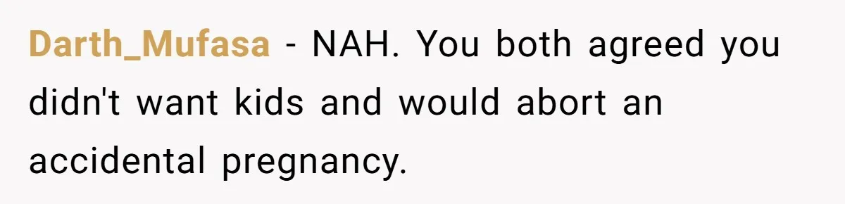 Darth_Mufasa − NAH. You both agreed you didn't want kids and would abort an accidental pregnancy.