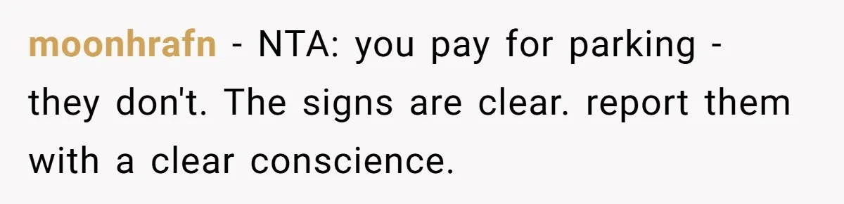 moonhrafn − NTA: you pay for parking - they don't. The signs are clear. report them with a clear conscience.