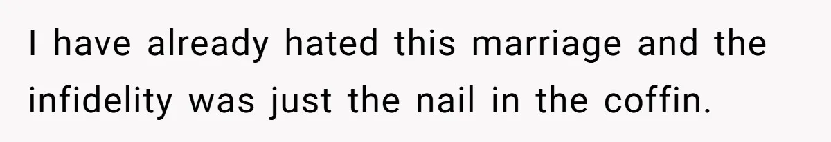 I have already hated this marriage and the infidelity was just the nail in the coffin.