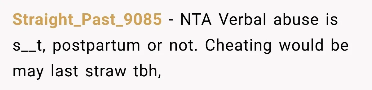 Straight_Past_9085 − NTA Verbal abuse is s__t, postpartum or not. Cheating would be may last straw tbh,
