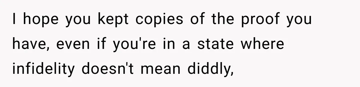 I hope you kept copies of the proof you have, even if you're in a state where infidelity doesn't mean diddly,