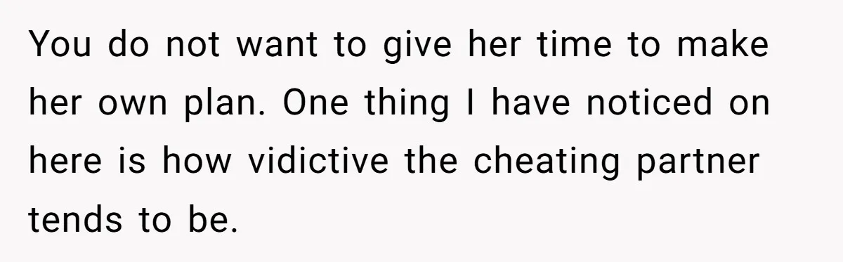 You do not want to give her time to make her own plan. One thing I have noticed on here is how vidictive the cheating partner tends to be.
