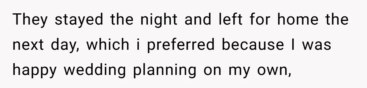 They stayed the night and left for home the next day, which i preferred because I was happy wedding planning on my own,