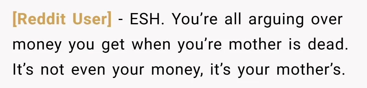 [Reddit User] − ESH. You’re all arguing over money you get when you’re mother is dead. It’s not even your money, it’s your mother’s.