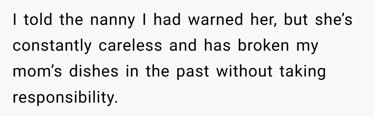 I told the nanny I had warned her, but she’s constantly careless and has broken my mom’s dishes in the past without taking responsibility.