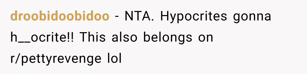 droobidoobidoo − NTA. Hypocrites gonna h__ocrite!! This also belongs on r/pettyrevenge lol