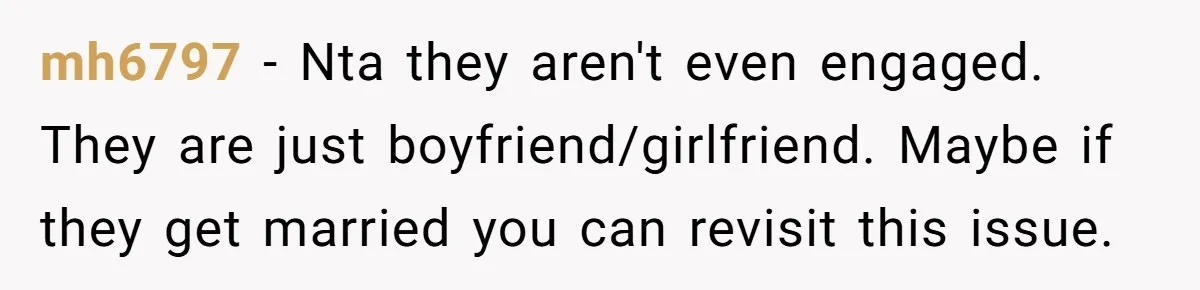 mh6797 − Nta they aren't even engaged. They are just boyfriend/girlfriend. Maybe if they get married you can revisit this issue.