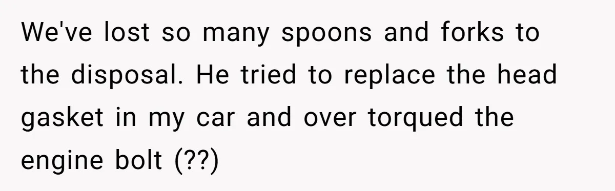 We've lost so many spoons and forks to the disposal. He tried to replace the head gasket in my car and over torqued the engine bolt (??)