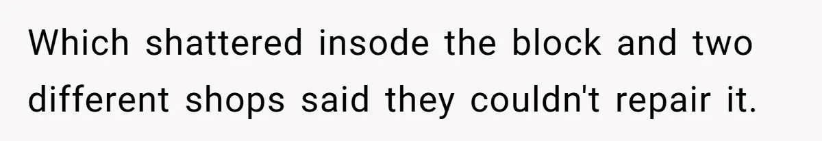 Which shattered insode the block and two different shops said they couldn't repair it.