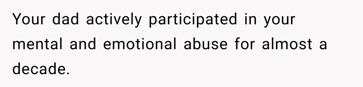 Your dad actively participated in your mental and emotional abuse for almost a decade.