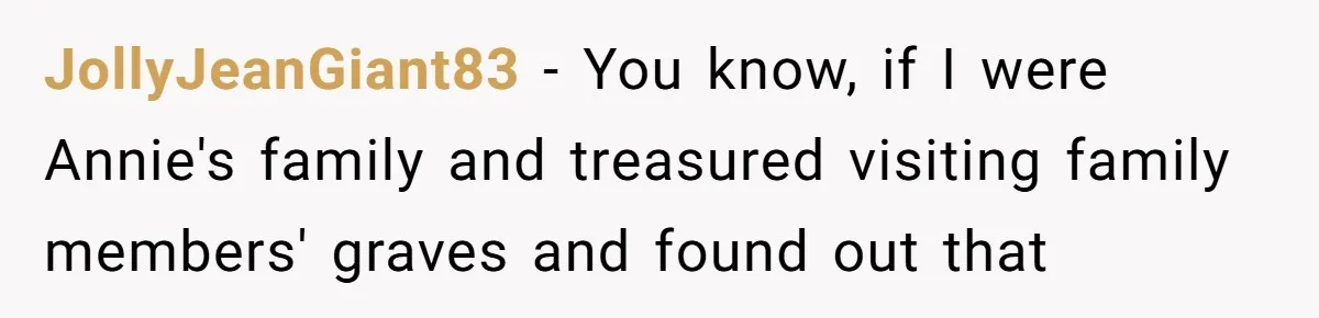 JollyJeanGiant83 − You know, if I were Annie's family and treasured visiting family members' graves and found out that