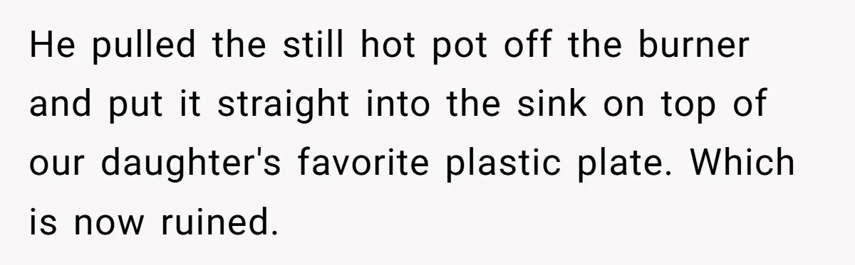 He pulled the still hot pot off the burner and put it straight into the sink on top of our daughter's favorite plastic plate. Which is now ruined.