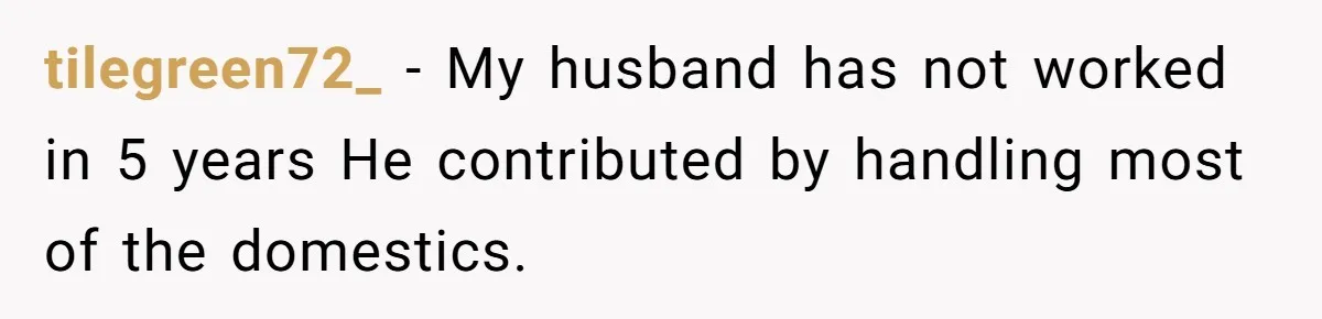 tilegreen72_ − My husband has not worked in 5 years He contributed by handling most of the domestics.