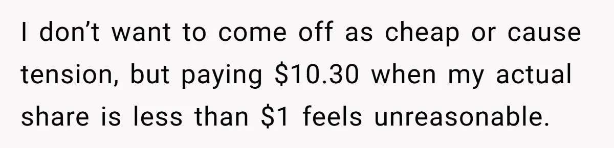 I don’t want to come off as cheap or cause tension, but paying $10.30 when my actual share is less than $1 feels unreasonable.