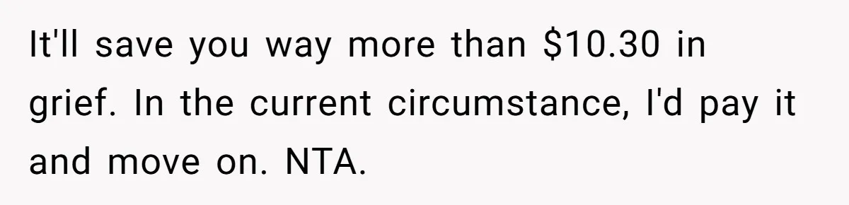 It'll save you way more than $10.30 in grief. In the current circumstance, I'd pay it and move on. NTA.