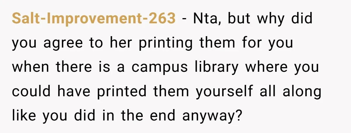 Salt-Improvement-263 − Nta, but why did you agree to her printing them for you when there is a campus library where you could have printed them yourself all along like...