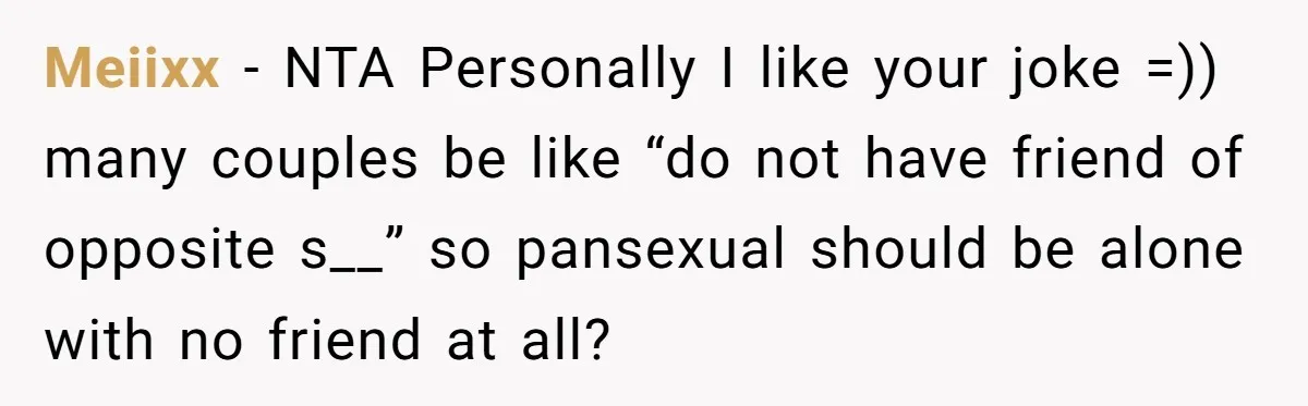 Meiixx − NTA Personally I like your joke =)) many couples be like “do not have friend of opposite s__” so pansexual should be alone with no friend at all?