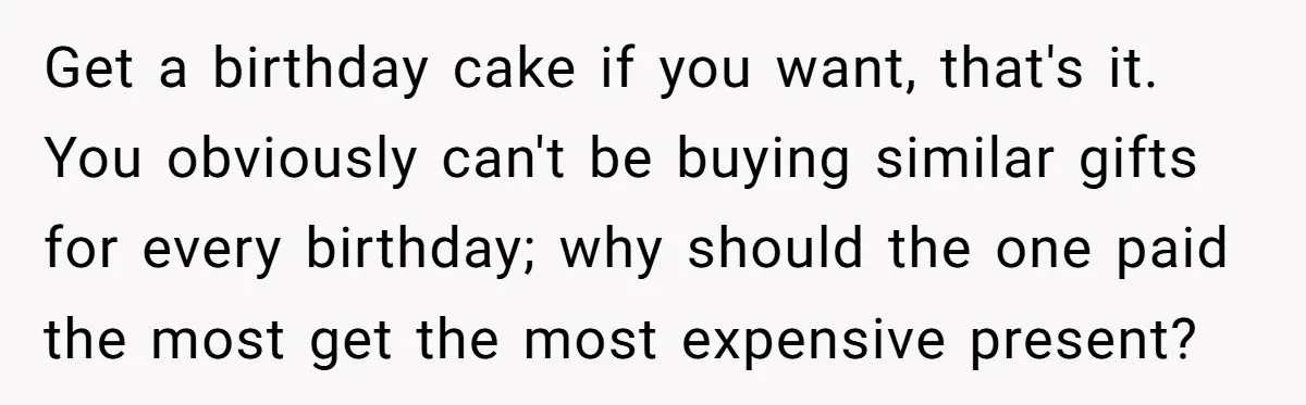 Get a birthday cake if you want, that's it. You obviously can't be buying similar gifts for every birthday; why should the one paid the most get the most expensive...