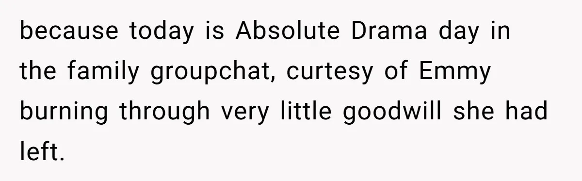 because today is Absolute Drama day in the family groupchat, curtesy of Emmy burning through very little goodwill she had left.