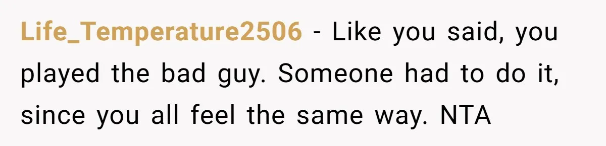 Life_Temperature2506 − Like you said, you played the bad guy. Someone had to do it, since you all feel the same way. NTA