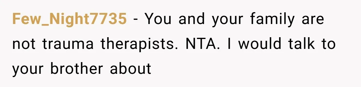 Few_Night7735 − You and your family are not trauma therapists. NTA. I would talk to your brother about