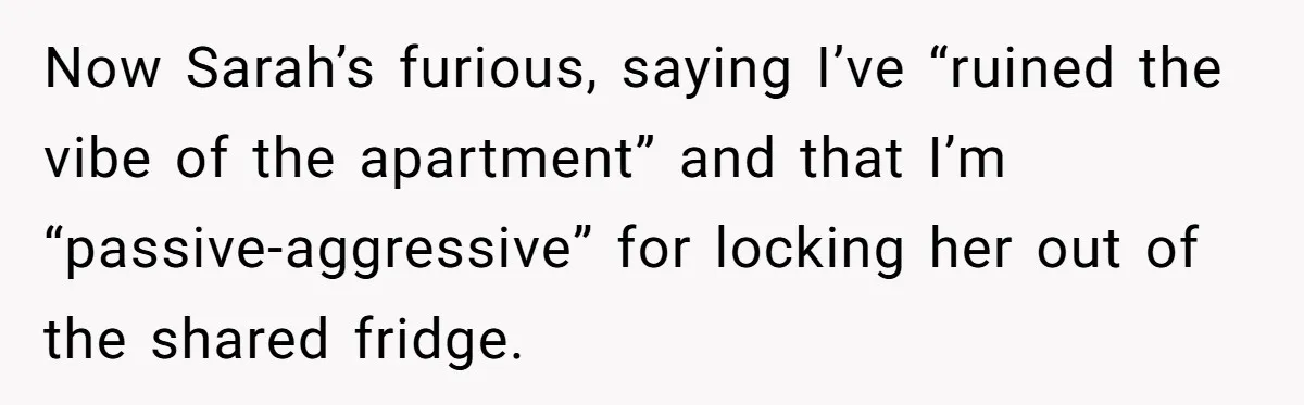 Now Sarah’s furious, saying I’ve “ruined the vibe of the apartment” and that I’m “passive-aggressive” for locking her out of the shared fridge.
